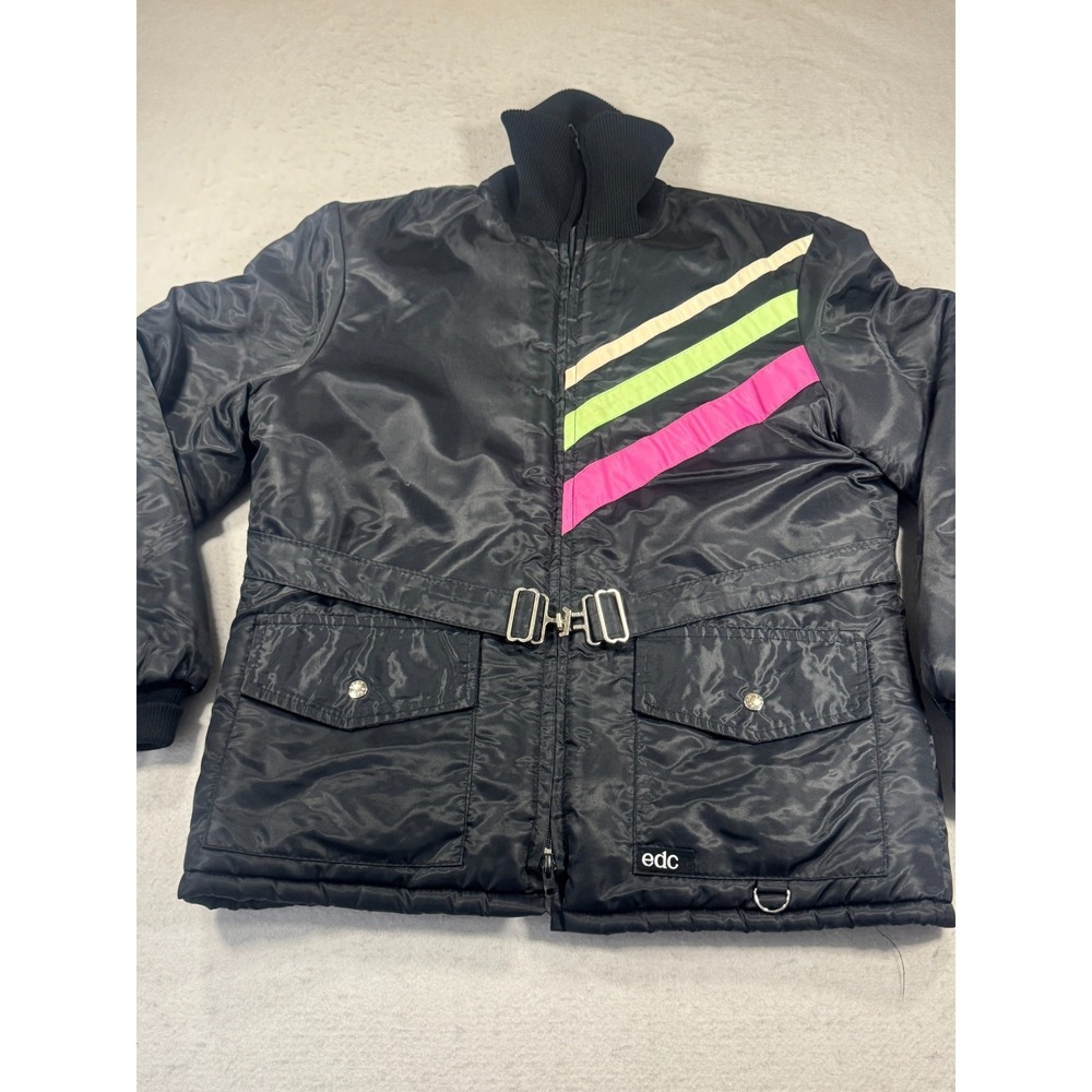 Vintage Edco Ski Jacket Mens Medium Black Belted Waist Quilt Lined Turtle Neck‎